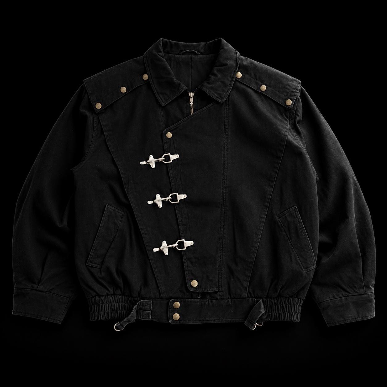 Vintage Japanese Black Fireman Clasp Cotton Canvas Jacket Moto
