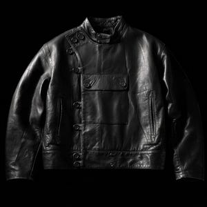 Può includere: Giacca in pelle nera con collo alto e chiusura con bottoni. Presenta una tasca sul petto e due tasche laterali. La giacca è realizzata in pelle liscia e lucida. Un capo senza tempo.