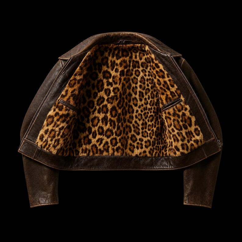 May include: A dark brown leather jacket featuring a wide collar and long sleeves. The interior of the jacket is fully lined with a faux fur material displaying a tan and black leopard print pattern. The jacket is open, revealing the inner lining.