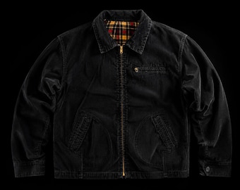 Vintage 1960s Black Corduroy 3-Pocket Fire Station Jacket – Retro Plaid Tartan Liner