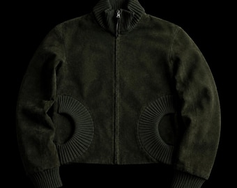 Vintage 90s Green Suede Blouson Jacket Twisted Ribbing Bomber Cropped Outerwear