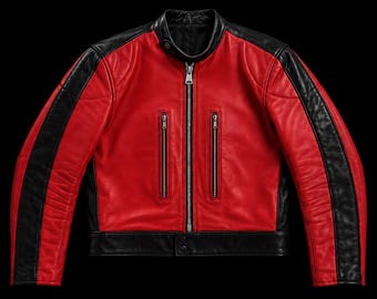 Vintage 1960s Cropped Leather Biker Jacket Red Cowhide Moto Racing Cafe Racer