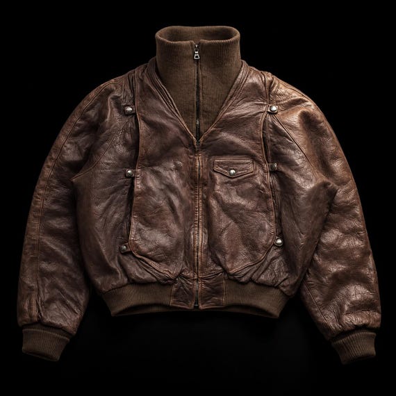 1980s Funnel Neck Lifesaver Cowhide Leather Jacket Brown Bomber
