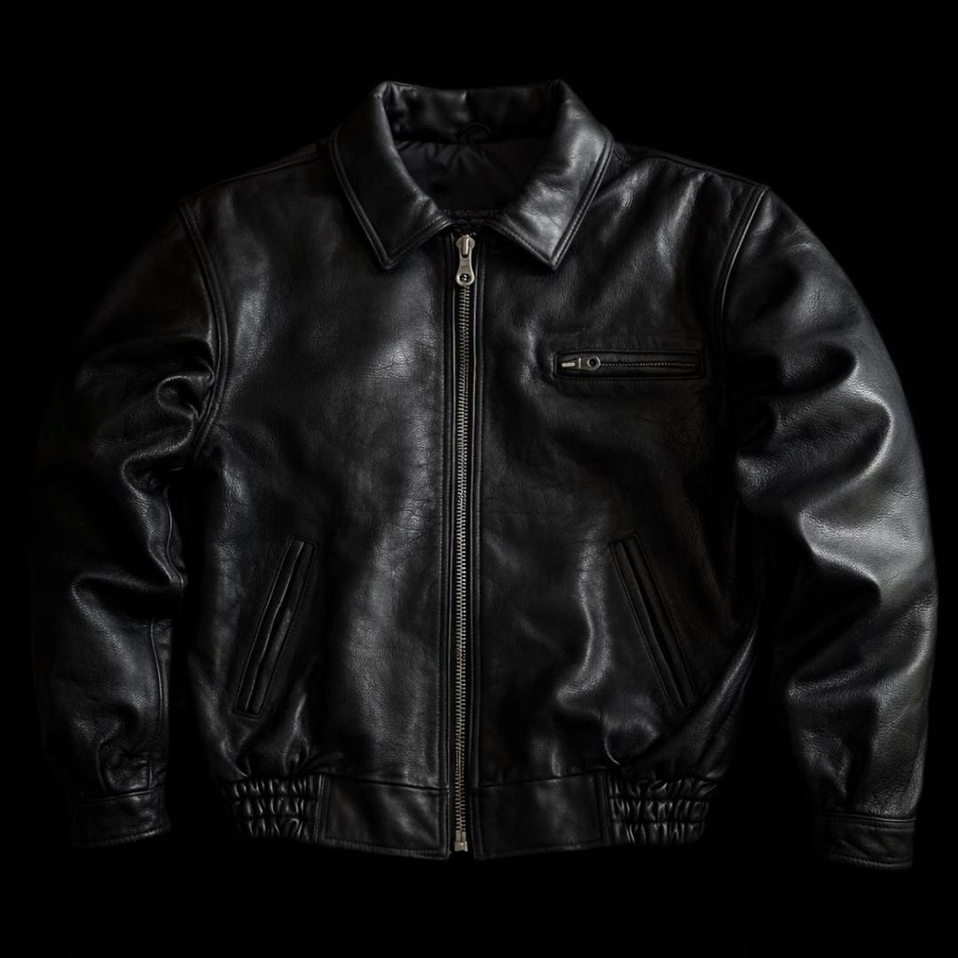 Vintage 1980s Cowhide Leather Bomber Jacket: Black Boxy Fit Biker