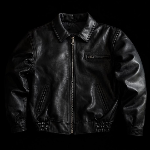 ジャケット・アウター 80s switching real leather bomber jkt Vintage 1980s Cowhide Leather Bomber Jacket: Black Boxy Fit Biker