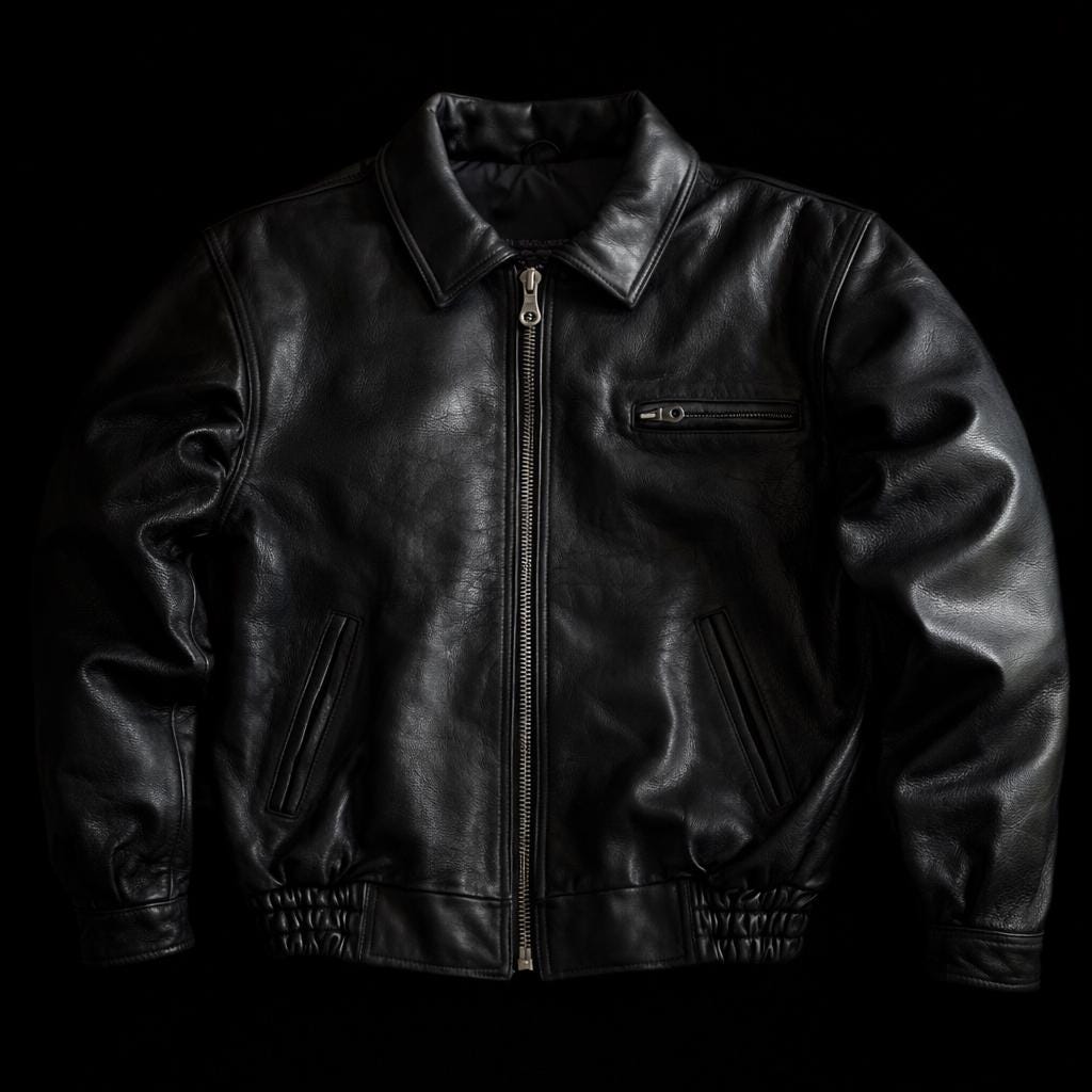 Vintage 1980s Cowhide Leather Bomber Jacket: Black Boxy Fit Biker