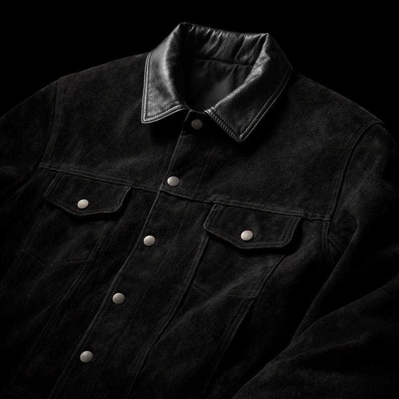 May include: A black suede jacket with a leather collar. The jacket features two chest pockets and two lower pockets, all secured with silver button closures. The jacket is fastened and has a classic design.