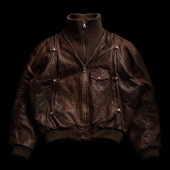 1980s Funnel Neck Lifesaver Cowhide Leather Jacket Brown Bomber