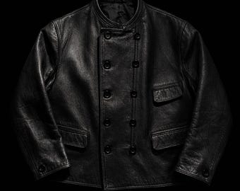 1950s Swedish Double Breasted Leather Jacket – Black Cowhide Military Blazer Coat with Cotton lining