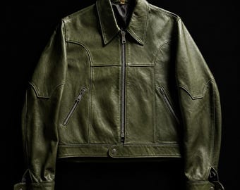 Vintage 1970s Green Leather Moto Cropped Jacket - Sheepskin Cafe Racer Jacket Unisex