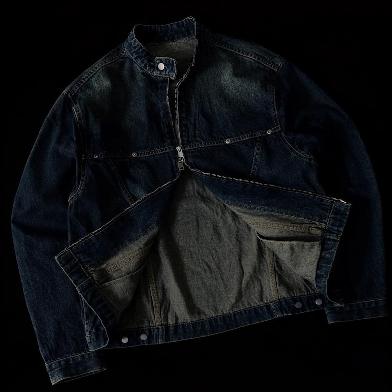 Vintage 90s Blue Denim Rider Jacket - High Neck, Double Zip Closure Classic Workwear Outerwear image 2