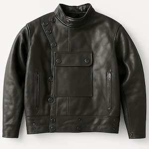 Vintage 1980s Swedish Military Motorcycle Jacket – Men Retro Black Leather Moto Style with Asymmetrical Button Front and Chest Flap Pocket