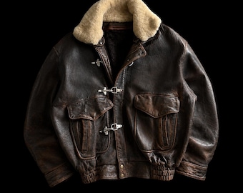 Vintage Distressed Fireman Clasp Aviator Leather Bomber Jacket Removable Fur Collar & Liner