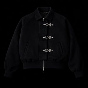 Chaqueta bomber de lana vintage: abrigo de aviador negro excepcional con cierre de hebilla de bombero.