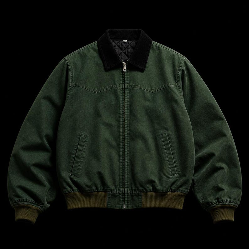 May include: A dark green jacket with a black quilted collar and a zipper closure. The jacket has two front pockets and ribbed cuffs and hem. The jacket is a bomber style.