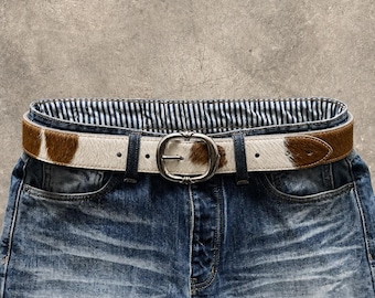 Genuine Cow Hair Leather Belt Western Style Waist Belt with Silver Buckle
