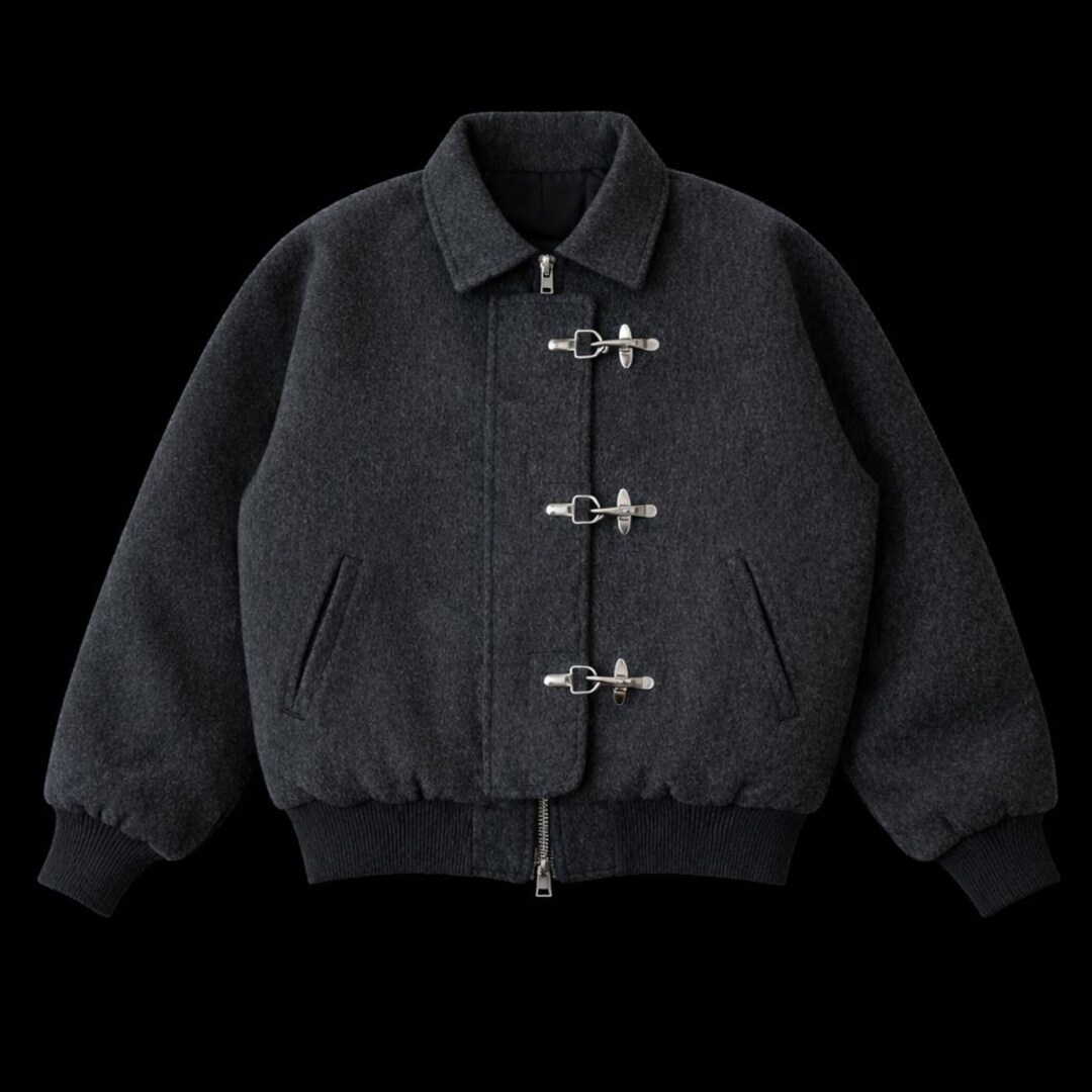 Grey Wool Bomber Jacket – Fireman Clasp Closure, Aviator Style