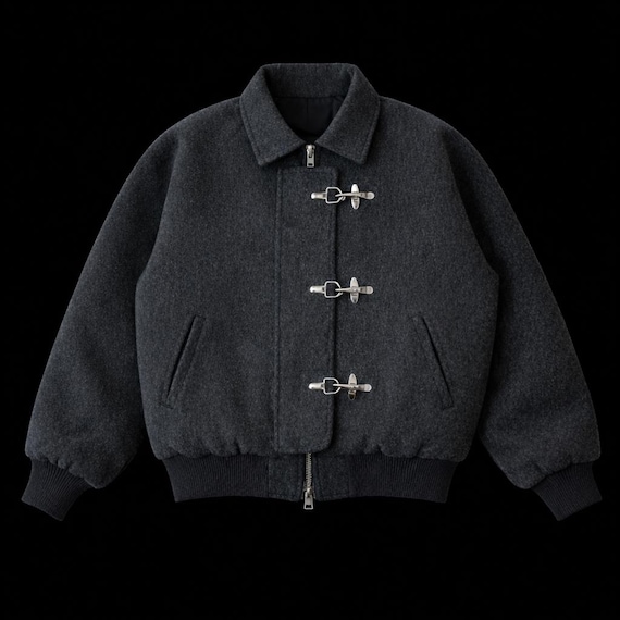 Grey Wool Bomber Jacket – Fireman Clasp Closure, Aviator Style