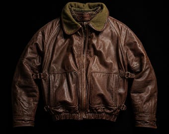 Vintage 1980s Tactical Bomber Cowhide Leather Jacket with Olive Wool Liner