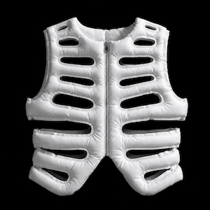 May include: A white sleeveless vest featuring a padded, segmented construction with horizontal cutouts throughout the body. The garment includes a central vertical zip closure that runs from the neckline to the hem, creating a rib-like appearance.