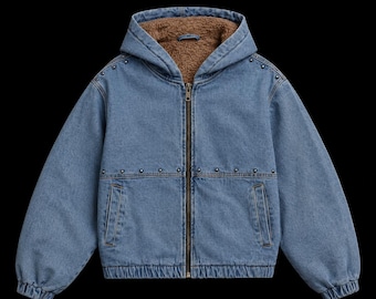 Boxy Fit Studded Blue Denim Hooded Jacket Teddy Faux Shearling Lined