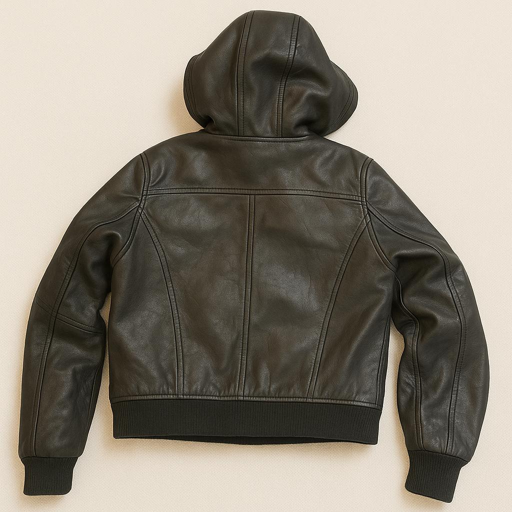 Vintage Black Leather Hooded Bomber Jacket – 90s Streetwear