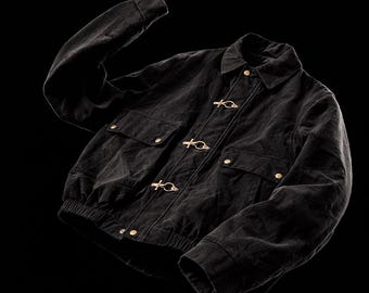Vintage Black Cotton Twill Fireman Clasp Jacket – Boxy Fit Utility
