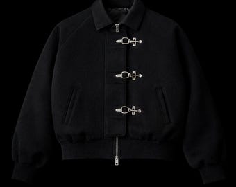 Vintage Wool Bomber Jacket – Rare Black Aviator Coat, Fireman Clasp Closure