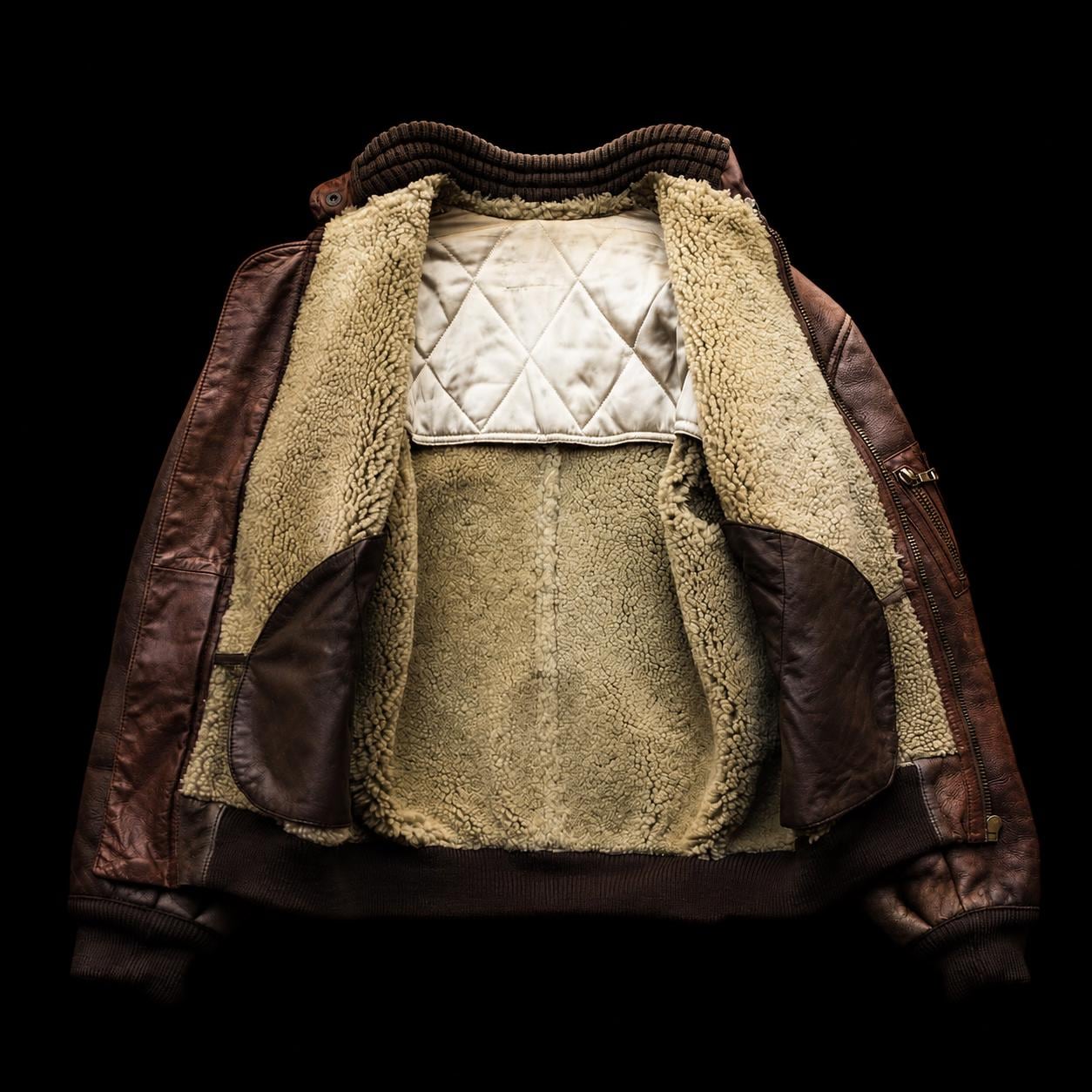 Vintage 80s Brown Leather MA-1 Bomber Jacket Sherpa Lined Flight 