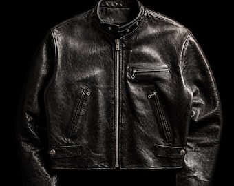 Vintage Cropped Cowhide Leather Cafe Racer Jacket Boxy Biker Moto Blouson cuir