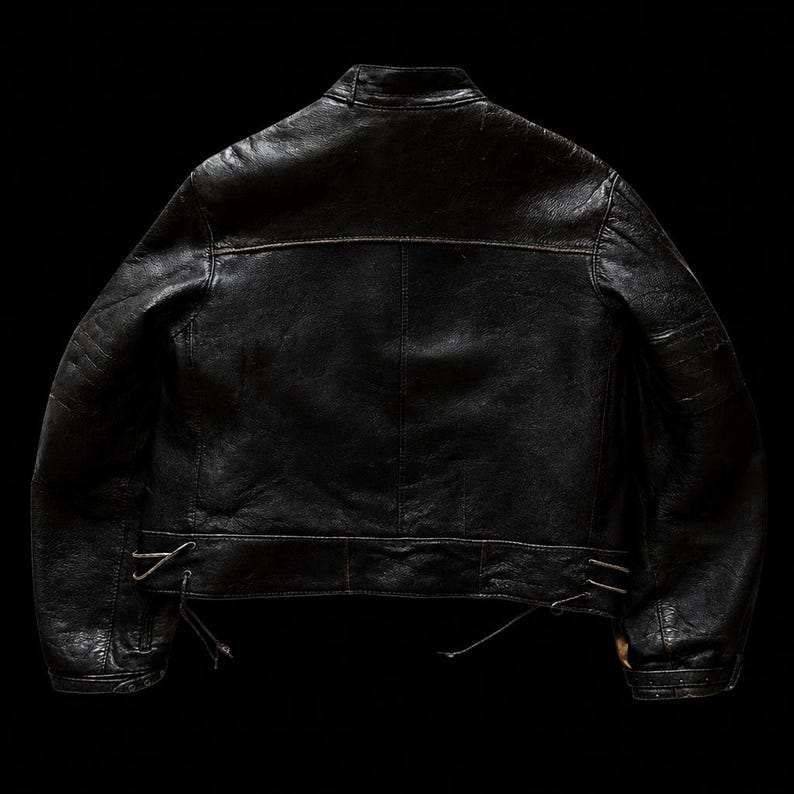 Puede incluir: Una chaqueta de cuero negro vista desde atr&aacute;s, con cuello alzado, mangas largas con pu&ntilde;os y una costura horizontal en la parte superior de la espalda. El dobladillo incluye cordones laterales ajustables con finas tiras de cuero colgando.