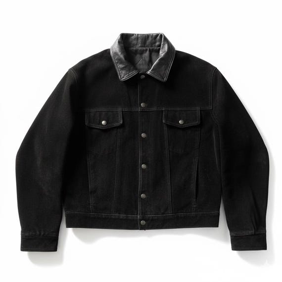 1980s Vintage Black Suede Trucker Jacket Roughout Leather Collar Sportswear Coat Mens Button Up Oversized Retro Biker Leatherwear Outerwear