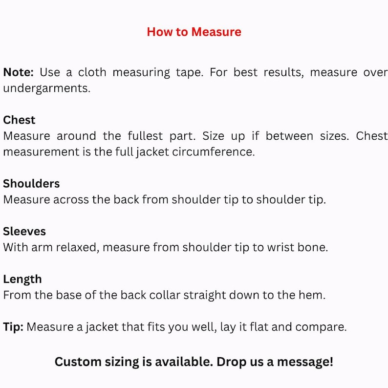 Op de afbeelding: Een maattabel getiteld How to Measure met instructies voor borst, schouders, mouwen en lengte. Het adviseert om een stoffen meetlint te gebruiken, over ondergoed te meten en te vergelijken met een goed passende jas. Maatwerk is mogelijk.