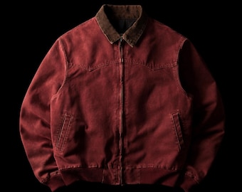 Vintage 90s Pink Cotton Twill Detroit Jacket, Brown Corduroy Collar, Boxy Workwear Coat