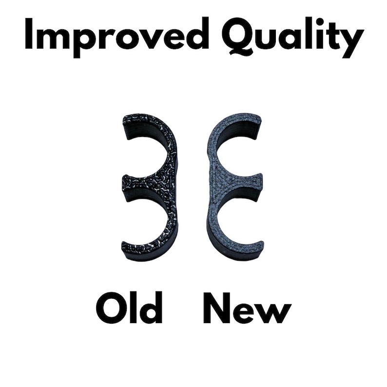 May include: Image comparing two black, curved objects with three circular openings. The left object has a textured surface, labeled "Old." The right object, labeled "New," has a smoother surface. The text "Improved Quality" is above, and "Old New" is below.