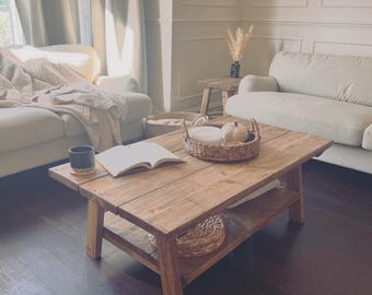 Reclaimed Wood Coffee Table  with Shelf: Handmade Rustic Farmhouse Design