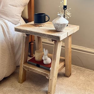 Handmade Reclaimed Wood Bedside Table – Rustic Farmhouse Nightstand with Lower Shelf – Sustainable Wooden Side Table – Made in UK
