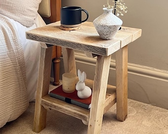 Handmade Reclaimed Wood Bedside Table – Rustic Farmhouse Nightstand with Lower Shelf – Sustainable Wooden Side Table – Made in UK