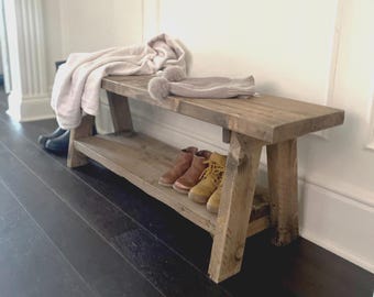 Handmade Reclaimed Wood Storage Bench – Rustic Entryway Bench | Lysander