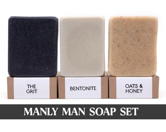 Manly Man Soap Set, Mens Gift Set, All Natural Bar Soaps, Self Care Kit, Handmade Artisan Cold Process Soaps for Face, Hands & Body