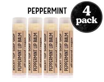 Peppermint Lip Balm Pack of 4, Vegan Lip Balm, All Natural Lip Balm, Manly Lipbalm, Essential Oil Lip Balm, Lip Moisturizer, Skin Care Gift