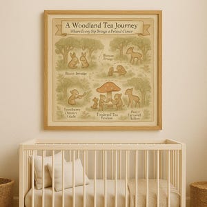Vintage Landkarte Teeparty, Kinderzimmer Karte – Vintage Waldposter Märchenbuch Babyzimmer Dekor | Häschen Fuchs Freunde | Digitaler Download