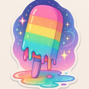 May include: A colorful sticker featuring a rainbow popsicle with dripping, melting ice cream. The popsicle has layers of pink, orange, yellow, green, and blue. The background is a starry night sky with a colorful puddle at the bottom.