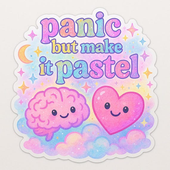 Panic But Make It Pastel Sticker: Glittery Pastel Brain & Heart
