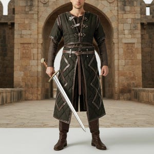 Medieval Cotton Padded Gambeson: Brown Leather Trim Armor Gambeson