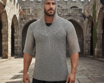 Medieval Chainmail Shirt with Coif Aluminum Butted Armor Set Handmade Chainmail