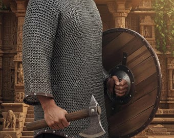 9mm Flat Ring Riveted Chainmail Shirt  Mild Steel Hauberk Leather Trim