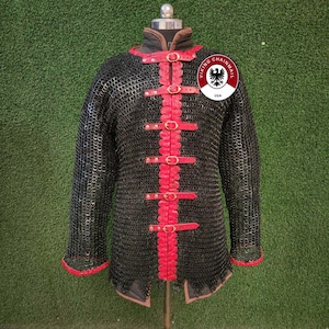 Black Aluminum Chainmail Shirt: Red Leather Trim, Flat Riveted
