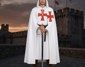 Middeleeuwse Ridder Tempeliers Wapenmantel Capuchon Cape Crusader Tuniek Historische Fantasie Cosplay Re-enactment Kostuum