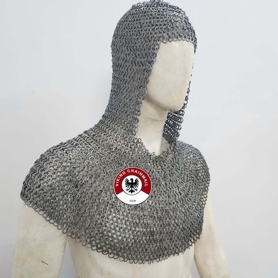 9mm Mild Steel Chainmail Coif, Flat Ring Riveted Medieval Hood